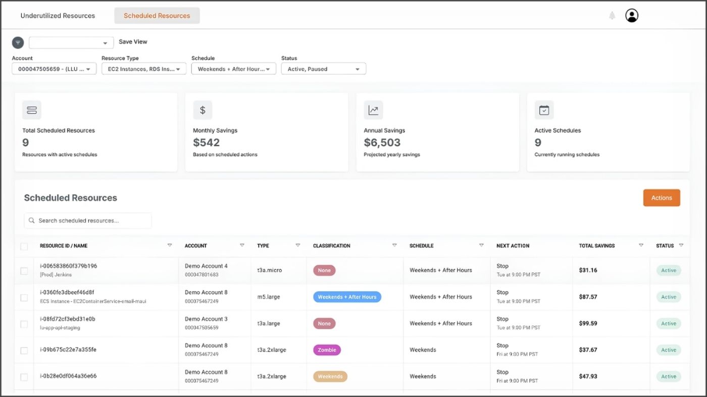 Kalos Waste Management - dashboard and list of scheduled resources with cumulative savings